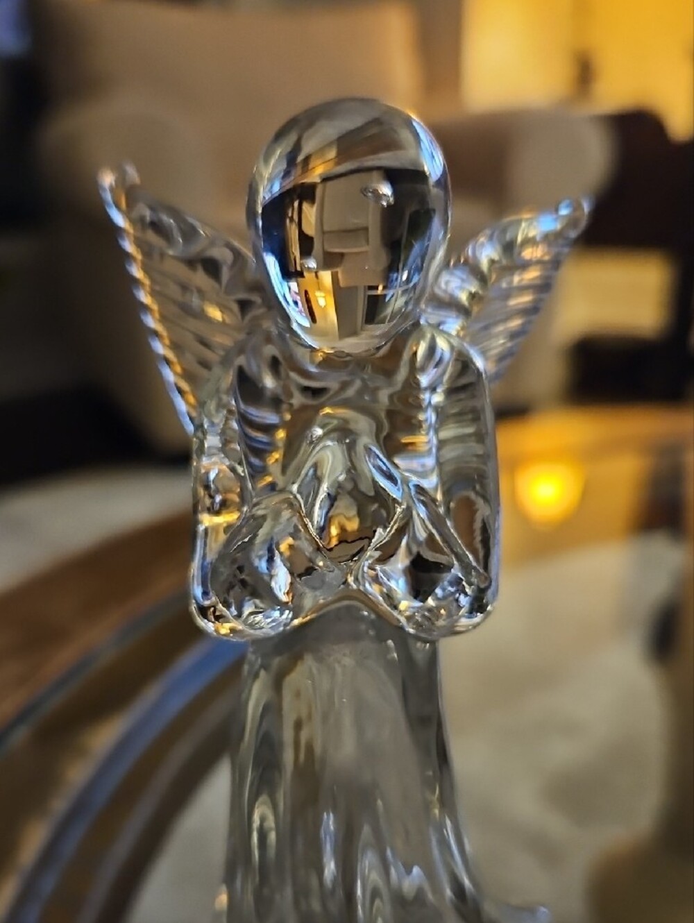 Vintage Crystal Angel Figurine Standing On Frosted Glass Cloud